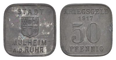 Мюльхайм-на-Руре 50 пфеннигов 1917 Funck 344.2, Men18 21515.1 цинк 1527-635