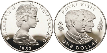 Новая Зеландия 1 доллар 1983 королевский визит, принц Чарльз и леди Диана, Елизавета II (1952-2022), в оригинальной коробке, сертификат KM 52а серебро PROOF 3-4-7-22