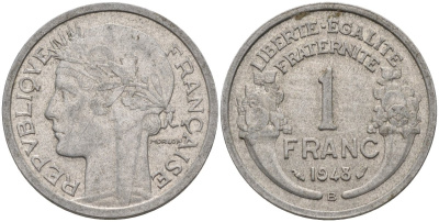 Франция 1 франк 1948 В, тип Morlon Legere KM 885a.1, Le Franc 221.14 алюминий 4116-1226