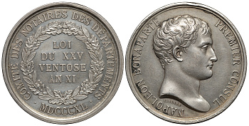 Франция медаль 1840 Наполеон Бонапарт, комитет нотариусов в департаментах, 32 мм, 13,49 гр Bramsen 1999, Slg. Julius 4030 серебро aUNC 00-801-04