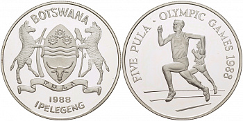 Ботсвана 5 пула 1988 XIV летние олимпийские игры в Сеуле, бег, тираж 25000 экз. КМ 21 серебро PROOF 04-302-11