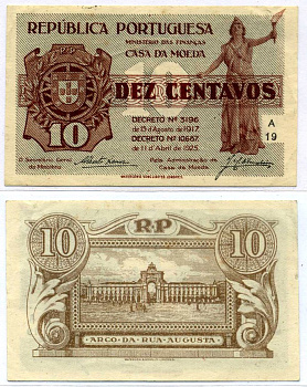 Португалия 10 сентаво 1917/1925 CASA DE MOEDA, ВАТЕРЛОО, ЛОНДОН, серия А19 Pick 101 бумага aUNC 7220-38-3-2