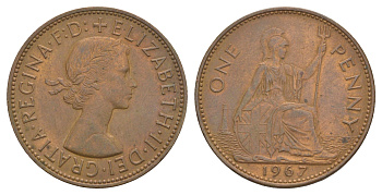 Великобритания 1 пенни 1967 Елизавета II (1952-2022) KM 897, Spink 4157 бронза UNC 4645-1016