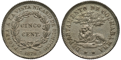 Боливия 10 сентаво 1876 департамент Кочабамба серебро aUNC 272-915