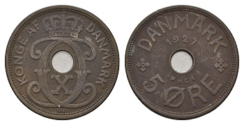 Дания 5 эре 1927 NCH, Кристиан X (1912-1947) KM 828 бронза 4700-811