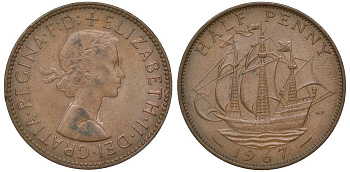 Великобритания 1/2 пенни 1967 Елизавета II (1952-2022) KM 896, Spink 4158 бронза 4681-1013