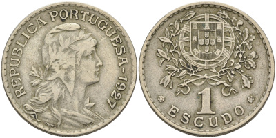 Португалия 1 эскудо 1927 голова Свободы вправо KM 578 никель латунь 4563-1014