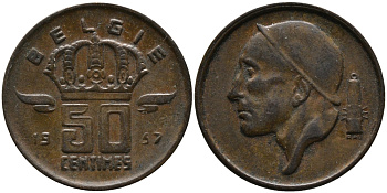 Бельгия 50 сантимов 1957 Belgie, Бодуэн I (1951-1993) KM 149.1 бронза 99-347