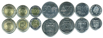 Эквадор лот из 7 монет 1988-1997 (1000, 500, 100, 50, 20, 10, 1 сукре) KM 101, 102, 103, 93, 94.2, 92.2, 91 UNC M75-10
