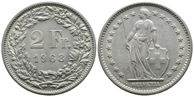 ШВЕЙЦАРИЯ 2 ФРАНКА 1968 В KM 21а.1 медно-никель 4110-1111