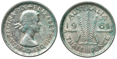 Австралия 3 пенса 1961 m, Елизавета II (1952-2022) KM 57 серебро 71-735