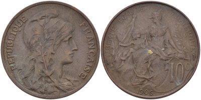 Франция 10 сантимов 1906 тип Дюпюи KM 843, LA FRANC 136.16 бронза 3460-225