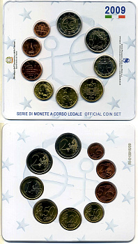 Италия евронабор из 9 монет 2009 10 лет Валютному союзу, запайка в пластик, оригинальный картонный буклет BUNC 5-4-4-26