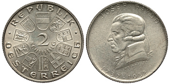 Австрия 2 шиллинга 1932 200 лет со дня рождения Йозефа Гайдна KM 2848 серебро 413-5832