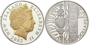 Новая Зеландия 5 долларов 2002 50 лет правления Елизаветы II , королевский скипетр, позолота KM 151 серебро PROOF 1080-4-31