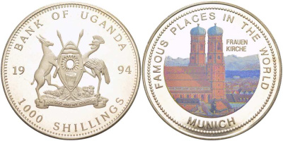 УГАНДА 1000 ШИЛЛИНГОВ 1994 FRAUEN KIRCHE В МЮНХЕНЕ, ЦВЕТНАЯ ЭМАЛЬ, ТИРАЖ 15000 ЭКЗ. KM 49 медно-никель PROOF 1085-6-61