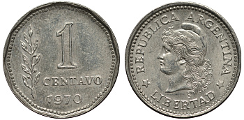 Аргентина 1 сентаво 1970 голова свободы влево KM 64 алюминий 4181-131