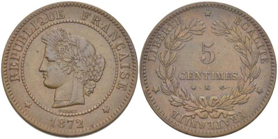 ФРАНЦИЯ 5 САНТИМОВ 1872 К, ТРЕТЬЯ РЕСПУБЛИКА (1871-1940) KM 821.2, LE FRANC 118.7 бронза 4395-117
