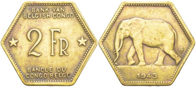 Бельгийское Конго 2 франка 1943 слон, шестиугольная, год тип KM 25 латунь 4541-957