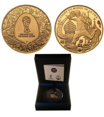 ФРАНЦИЯ 5 ЕВРО 2018 ЧЕМПИОНАТ МИРА ПО ФУТБОЛУ В РОССИИ, оригинальная коробка, сертификат KM NEW золото PROOF 3-4-5-40