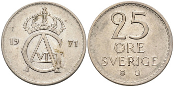 Швеция 25 эре 1971 Густав VI Адольф (1950-1973) KM 836 медно-никель UNC 4585-468