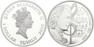 Тувалу 1 доллар 2010 Фредерик Шопен, 200 лет со дня рождения, тираж 5000 экз. серебро PROOF 02-073-22
