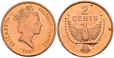 Соломоновы Острова 2 цента 1987 Елизавета II (1953-) KM 25 сталь плакированная бронзой aUNC 190-941