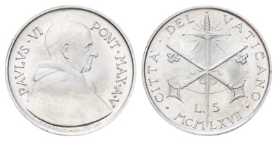 Ватикан 5 лир 1967 MCMLXVII, год-тип KM 94 алюминий UNC 4701-465