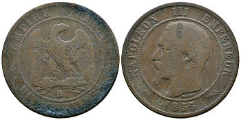 Франция 10 сантимов 1855 B, Наполеон III (1852-1870) KM 771.2, Le Franc 133.21 бронза 4179-1145