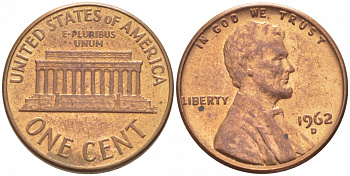 США 1 ЦЕНТ 1962 D, ЛИНКОЛЬН KM 132 медь цинк UNC 3309-219