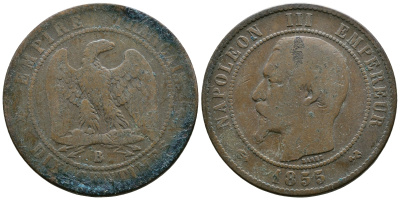 Франция 10 сантимов 1855 B, Наполеон III (1852-1870) KM 771.2, Le Franc 133.21 бронза 4179-1145