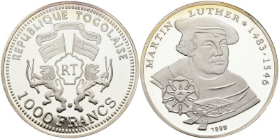 Того 1000 франков 1999 Мартин Лютер (1483-1546) KM 16 серебро PROOF 04-318-23