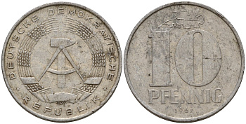 ГДР 10 пфеннигов 1967 A KM 10 алюминий 27-412