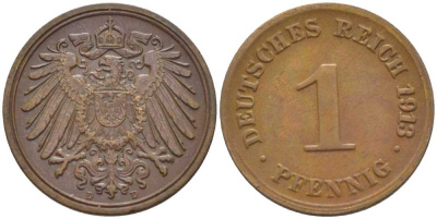 ГЕРМАНИЯ 1 ПФЕННИГ 1913 D KM 10, J. 10, Weege 2 медь 206-417