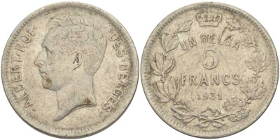 БЕЛЬГИЯ 5 ФРАНКОВ 1931 АЛЬБЕРТ I, DES BELGES KM 97.1 никель 3851-214