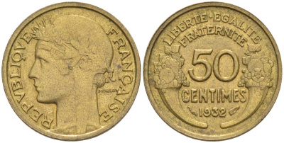 ФРАНЦИЯ 50 САНТИМОВ 1932 ТИП MORLON, CLOSED 9, БЕЗ ЯГОДЫ KM 894.1, LE FRANC 192.7 алюминиевая бронза 44-734