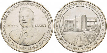 Руанда 1000 франков 1989 25 лет Национальному банку и 25 лет Независимости KM 17 серебро UNC 1088-7-44