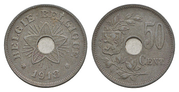 Бельгия 50 сантимов 1918 германская оккупация Первая мировая война, Альберт I (1909-1934) KM 83 цинк 4156-1057