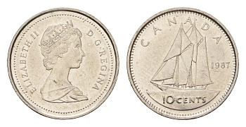 Канада 10 центов 1987 Елизавета II (1952-2022), парусник KM 77 никель 4689-556