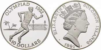 Соломоновы острова 10 долларов 1991 XXV Олимпийские игры 1992 года в Барселоне, бег KM 48 серебро PROOF 04-101-15