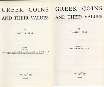 ДЭВИД Р. СИР ГРЕЧЕСКИЕ МОНЕТЫ И ИХ СТОИМОСТЬ В ДВУХ ТОМАХ (ЯЗЫК: АНГЛ.) 1978 DAVID R. SEAR, H. A. SEABY, GREEK COINS AND THEIR VALUES, 1ST EDITION, ЧАСТЬ 1: ЕВРОПА - 317 СТРАНИЦ + 40 ТАБЛИЦ С ИЛЛЮСТРАЦИЯМИ, ЧАСТЬ 2: АЗИЯ И СЕВЕРНАЯ АФРИКА - 762 СТРАНИЦЫ +