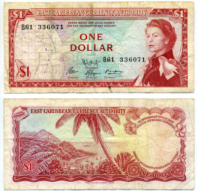Восточно-Карибские штаты 1 доллар 1965 Британская администрация, подпись 9 Pick 13f  бумага   2197-29-1-1