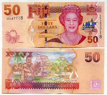 Фиджи 50 долларов ND (2007) Елизавета II (1952-2022), церемония поднятия флага, Акт уступки, уступочный камень Pick 113 бумага UNC (пресс) 451-393-2