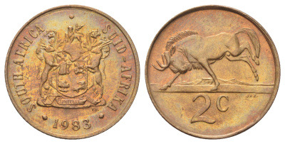 ЮАР 2 цента 1983 герб, антилопа гну KM 83 бронза UNC 4695-1046