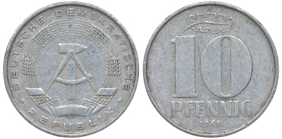 ГДР 10 пфеннигов 1968 A KM 10 алюминий 62-813