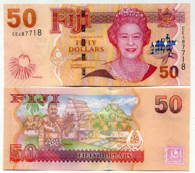 Фиджи 50 долларов ND (2007) Елизавета II (1952-2022), церемония поднятия флага, Акт уступки, уступочный камень Pick 113 бумага UNC (пресс) 451-393-2