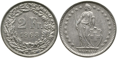 ШВЕЙЦАРИЯ 2 ФРАНКА 1968 В KM 21а.1 медно-никель 4538-133