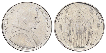Ватикан 50 лир 1968 MCMLXVIII, год-тип KM 105 нержавеющая сталь UNC 4700-636