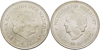 Нидерланды 10 гульденов 1970 25 лет освобождения от фашизма (1945-1970), Юлиана KM 195 серебро aUNC 1515-425