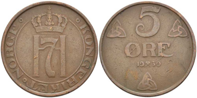 НОРВЕГИЯ 5 ЭРЕ 1930 ХОКОН VII (1905-1957) KM 368 бронза 115-812